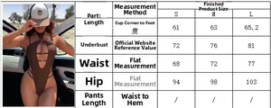 Detailed size chart for solid color cut-out one-piece bikini including S, M, L measurements