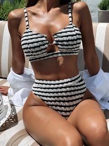 Women's Black White Striped Crinkle Bikini Halter Top And Bottom Sexy Low Cut Beach Swimsuit High Waist Swimwear