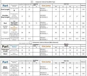 Detailed size chart for women's two-piece bikini featuring precise garment measurements