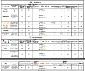 Size chart with detailed measurements for women's black and white contrast bikini set
