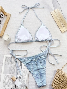 Two-piece denim print bikini set with triangle halter top and tie-side bottoms for women
