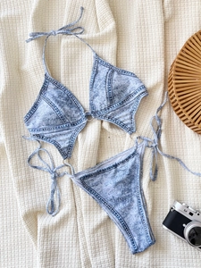 Women's denim print two-piece bikini set with silver metal rings on waffle fabric