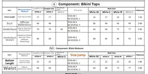 Size guide table for solid color bikini set showing measurements for tops and bottoms