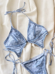 Two-piece denim print bikini with metal ring connector and contrast stitching detail