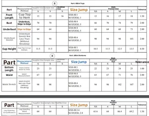 Detailed sizing chart for women bikini sets including top and bottom measurements in cm
