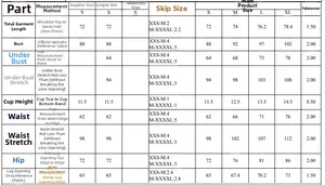 Detailed size chart for one-piece swimsuit featuring measurements from S to XL