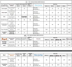 Detailed size chart for bikini top and bottom sets with precise measurements for S to L