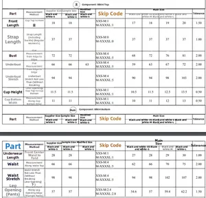 Detailed size chart for women's black and white bikini set featuring top and bottom measurements