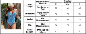 Size guide table for blue tie-dye halter swimsuit showing S, M, and L dimensions
