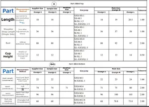Detailed size chart for solid color underwire bikini sets including top and bottom dimensions