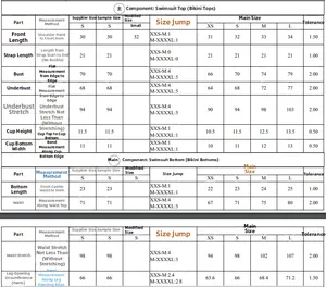 Detailed size chart for women's plaid bikini set including top and bottom measurements