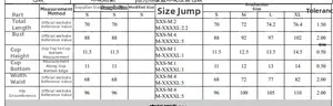 Detailed size chart for denim print one-piece swimsuit showing S to XL measurements in cm