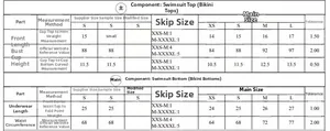 Detailed size chart for printed bikini tops and bottoms with measurements from XS to L