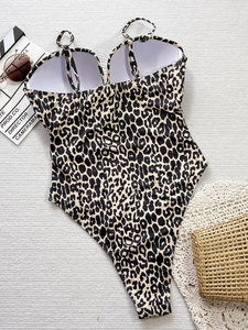 One-piece leopard print bikini swimsuit with thin straps and padded cups for summer beachwear