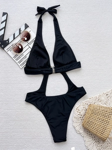Sexy black one-piece swimsuit with halter neck, cutout waist, and deep V-neck style