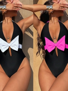 Women's One-Piece Swimsuit Halter Neck Deep V Cutout With Large Bow Decoration Color Block Sexy Backless Monokini Beachwear