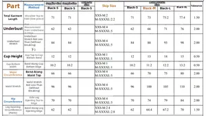 Detailed size chart for one-piece swimsuit including bust, waist, and hip measurements