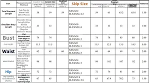Detailed size chart for one-piece swimsuit featuring measurements from S to XL