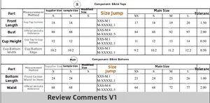 Size guide table for leopard print bikini set showing top and bottom measurements