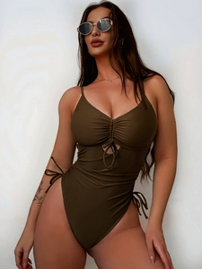 Costume da Bagno Intero Sexy da Donna Arricciato Traforato Coulisse Marrone Taglio Alto Monokini Abbigliamento Mare
