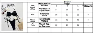 Size chart detail for black bikini set with bust and waist measurements in cm