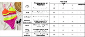 Size chart for two-piece color-block bikini set with detailed measurements for S, M and L