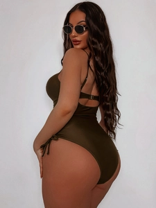 Costume da bagno intero verde oliva scuro con schiena scoperta e lacci stringati laterali