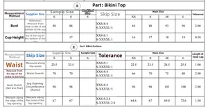 Detailed size chart for two-piece bikini set including top and bottom measurements