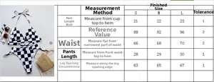 Detailed size chart for two-piece checkered bikini set with measurements in cm
