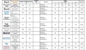 Detailed size chart for one shoulder cutout swimsuit showing S to XL measurements in cm