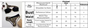 Detailed size chart for sexy leopard print bikini with measurements for S, M, and L sizes
