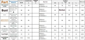 Tableau des tailles détaillé pour bikini deux pièces avec mesures en cm du XS au L