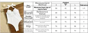Size guide for white one-piece swimsuit with embroidery detailing and sizing measurements