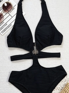 Black ribbed halter swimsuit with stomach cutout and starfish metal buckle detail