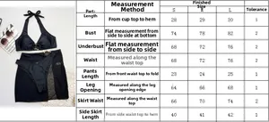 Detailed size chart for black three-piece bikini set including mesh cover-up skirt