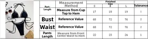 Detailed size chart for women bikini set showing measurements for S, M, and L sizes