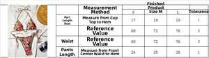 Size chart for leopard floral print bikini showing measurements for S, M, and L sizes