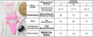 Size chart for solid pink bikini set featuring colorful beads and halter neck style