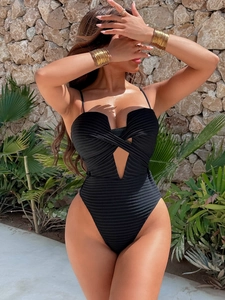 Women's Sexy Ribbed One-Piece Swimsuit Criss-Cross Hollow Out Backless High Cut Sleeveless Beachwear Bathing Suit
