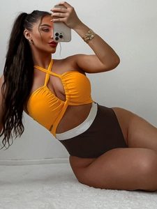 Women Sexy Halter One Piece Swimsuit Color Block Ruched Monokini Patchwork Cut Out High Cut Beachwear Bathing Suit