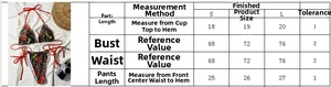 Size chart showing top length and bust measurements for a floral leopard print bikini