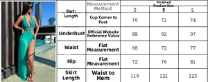 Size chart for green cutout halter one-piece swimsuit with length and waist measurements