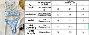 Size chart for floral halter bikini showing S M L measurements in centimeters