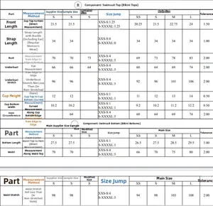 Detailed size guide for women's striped bikini sets including top and bottom measurements