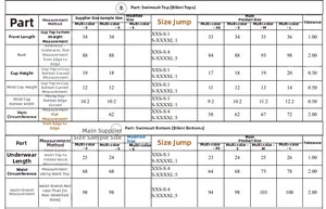 Detailed size chart for nylon bikini set including bust, waist and cup measurements