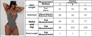 Guide des tailles détaillé pour monokini rayé avec découpe et détails de laçage
