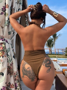 Deep V-neck backless one-piece swimsuit in chocolate brown rib-knit fabric