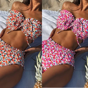 Women Floral Bikini Swimsuit Ruffle Trim Bandeau Top And High Waist Bottom For Beach Vacation Sweet Pastoral Style