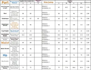 Detailed size guide table for women's one-piece swimsuit featuring S-XL dimensions