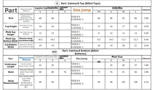 Detailed size chart for women's leopard print bikini showing top and bottom measurements